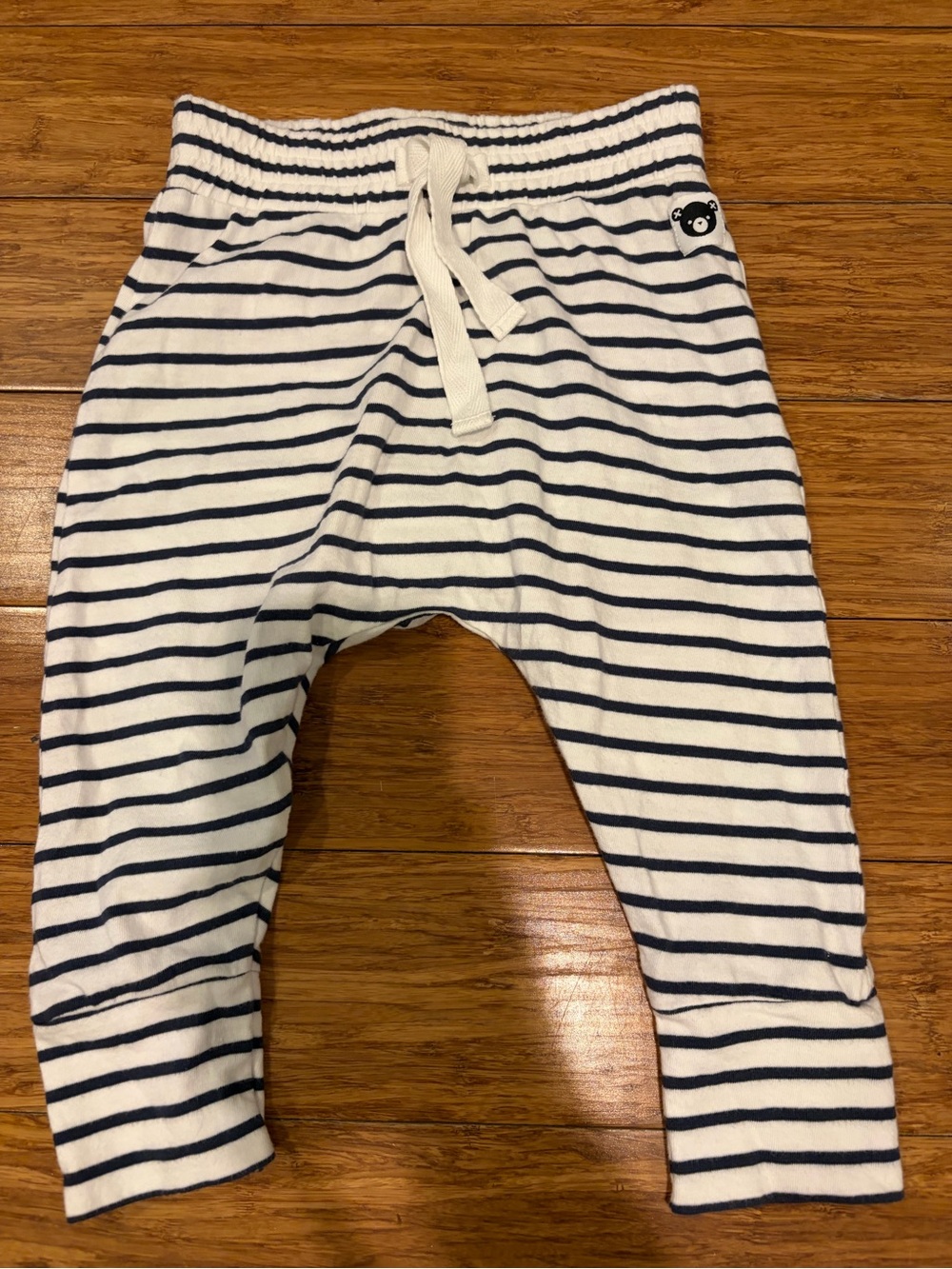 Huxbaby Navy & White Striped Jogger Pants with Bear Patch